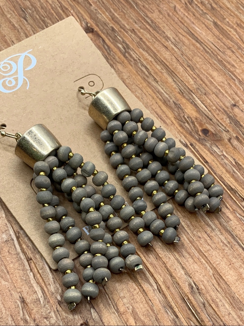 Plunder Design Gray Beaded Wood Fringe Tassel Gold Accents Dangle Earrings